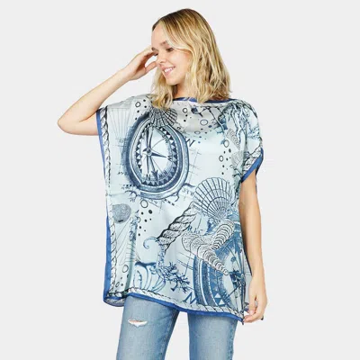 Fashnzfab Nautical Printed Satin Poncho In Blue