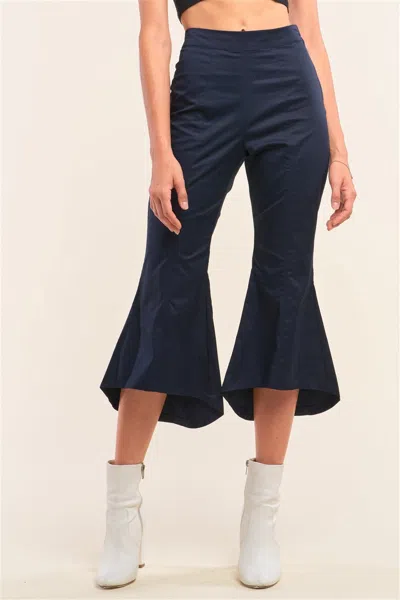 Fashnzfab Navy Solid High Waisted Retro Bell Bottom Flare Pants In Blue