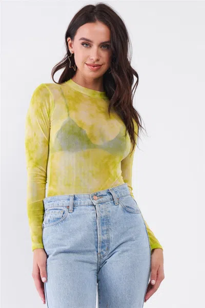 Fashnzfab Neon Green Sexy Sheer Mesh Long Sleeve Mock Neck Bodysuit