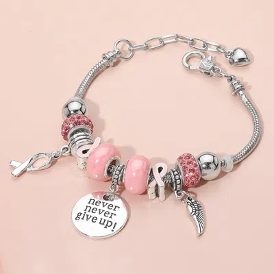 Fashnzfab Never Give Up Disc Wing Pink Ribbon Charm Multi Beaded Bracelet Pink