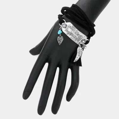 Fashnzfab New Beginning Message Hammered Metal Heart Wing Suede Tassel Wrap Bracelet In Multi
