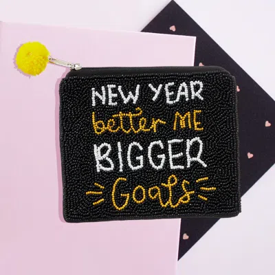 Fashnzfab New Year Better Me Bigger Goals Message Seed Beaded Mini Pouch Bag In Black