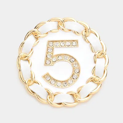 Fashnzfab No. 5 Metal Chain Trimmed Round Pin Brooch In Gold
