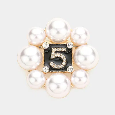 Fashnzfab No. 5 Pearl Trimmed Round Pin Brooch In Silver