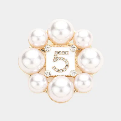 Fashnzfab No. 5 Pearl Trimmed Round Pin Brooch In White