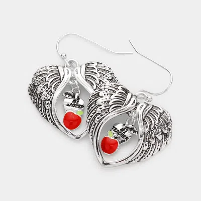 Fashnzfab No.1 Teacher Message Enamel Apple Pointed Angel Wings Dangle Earrings In Multi