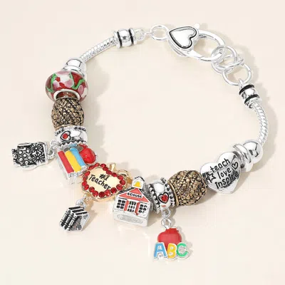 Fashnzfab No1 Teacher Rhinestone Embellished Apple Owl Books Multi Bead Bracelet In Silver