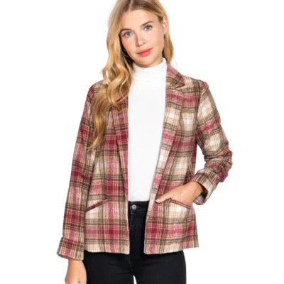 Fashnzfab Notched Collar Plaid Jacket In Pink