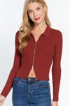 Fashnzfab Notched Collar Zippered Sweater In Red