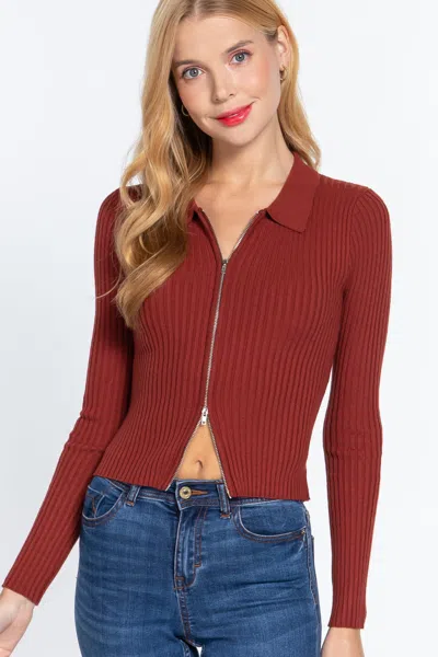 Fashnzfab Notched Collar Zippered Sweater In Red