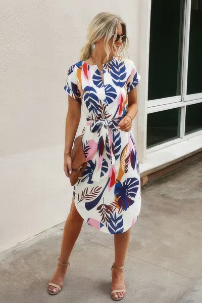 Fashnzfab Notched Neck Floral Print Belted Fit Dress