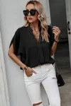 Fashnzfab Notched Neck Solid Loose Fit Half Sleeve Blouse