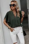 Fashnzfab Notched Neck Solid Loose Fit Half Sleeve Blouse