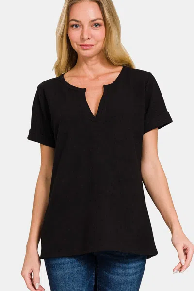 Fashnzfab Notched Short Sleeve Waffle T-shirt In Black