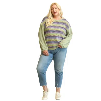 Fashnzfab Novelty Knit And Solid Knit Mixed Loose Top With Drop Down Shoulder In Green