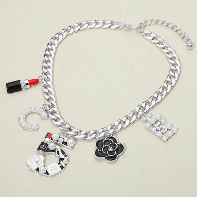 Fashnzfab Number 5 Flower Lipstick Charm Chain Necklace In Multi