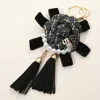 Fashnzfab Number Five Pearl Accent Tweed Flower Bow Tassel Keychain / Bag Charm In Black