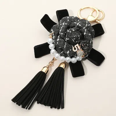 Fashnzfab Number Five Pearl Accent Tweed Flower Bow Tassel Keychain / Bag Charm In Black