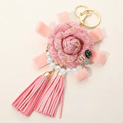 Fashnzfab Number Five Pearl Accent Tweed Flower Bow Tassel Keychain / Bag Charm In Pink
