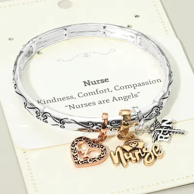 Fashnzfab Nurse Message Heart Charm Stretch Bracelet In Metallic