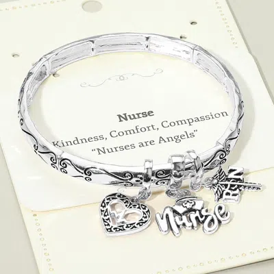 Fashnzfab Nurse Message Heart Charm Stretch Bracelet In Metallic