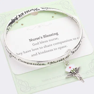 Fashnzfab Nurse Rn Pin Charm Message Bangle Bracelet Antique Silver In Multi