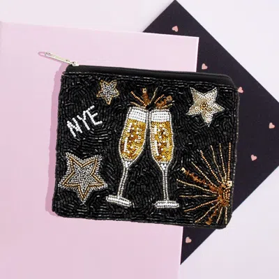Fashnzfab Nye Message Champagne Star Sequin Beaded Mini Pouch Bag In Black