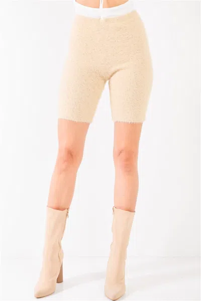 Fashnzfab Oatmeal Beige Knit High Waist Stretchy Warm Fuzzy Biker Shorts In Multi