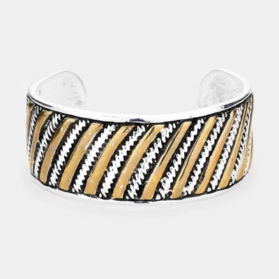 Fashnzfab Oblique Lined Metal Cuff Bracelet Two Tone In Gold