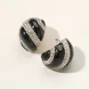 Fashnzfab Oblique Lined Rhinestone Embellished Curved Enamel Earrings In Black