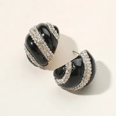 Fashnzfab Oblique Lined Rhinestone Embellished Curved Enamel Earrings In Black