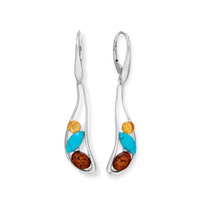 Fashnzfab Oblong Multi Color Amber And Turquoise Lever Earrings In White