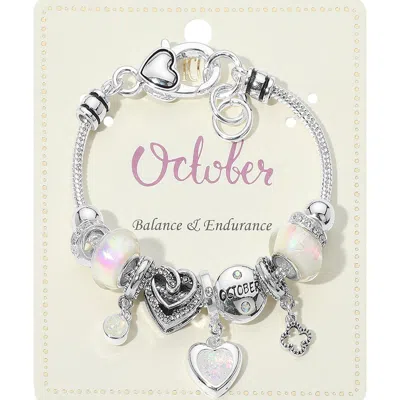 Fashnzfab October - Birthstone Heart Charm Multi Beaded Bracelet Opal In Silver