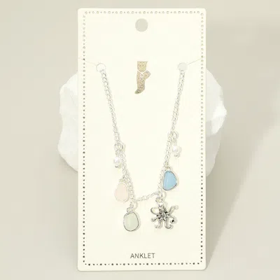 Fashnzfab Octopus Sea Glass Pearl Charm Station Anklet In Silver