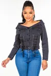 Fashnzfab Off Shoulder Lace Up Denim Jacket In Black