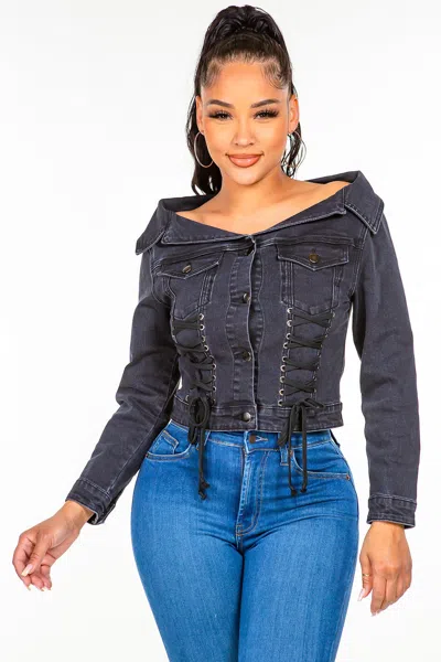 Fashnzfab Off Shoulder Lace Up Denim Jacket In Black