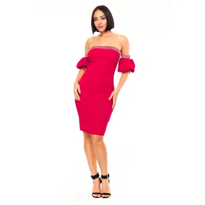 Fashnzfab Off Shoulder Studded Band Detailed Fashion Dress In Red