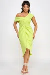 FASHNZFAB OFF SHOULDER TWIST FRONT MIDI DRESS WITH TULIP SKIRT