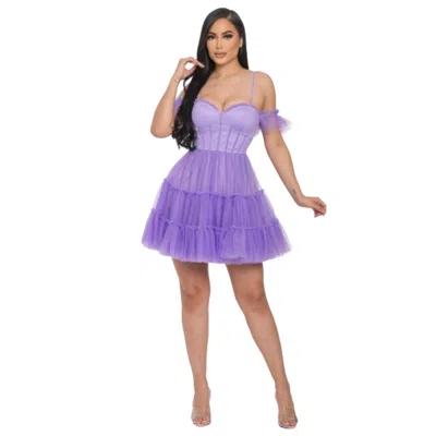 Fashnzfab Off-the-shoulder Puff Mini Dress In Purple