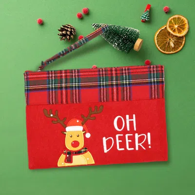 Fashnzfab Oh Deer Letter Reindeer Christmas Pouch Bag In Red
