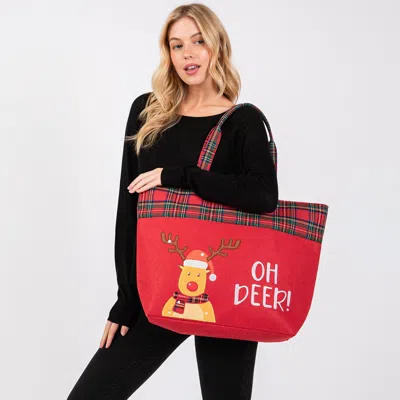 Fashnzfab Oh Deer Letter Reindeer Christmas Tote Bag In Red