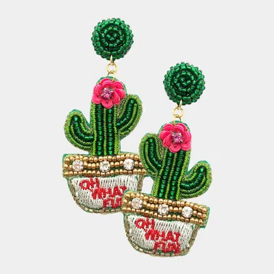 Fashnzfab Oh What Fun Felt Back Beaded Cactus Dangle Earrings In Green