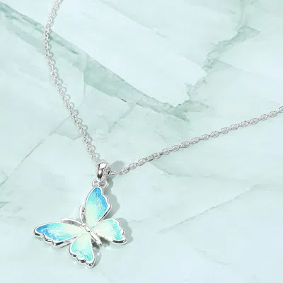 Fashnzfab Ombre Enamel Butterfly Pendant Necklace - Blue, Silver In Multi