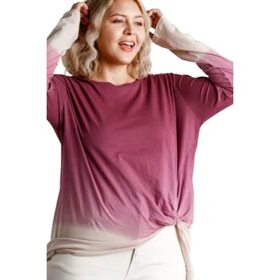 Fashnzfab Ombre Print Long Sleeve Top With Gathered Front Detail And Raw Hem In Pink