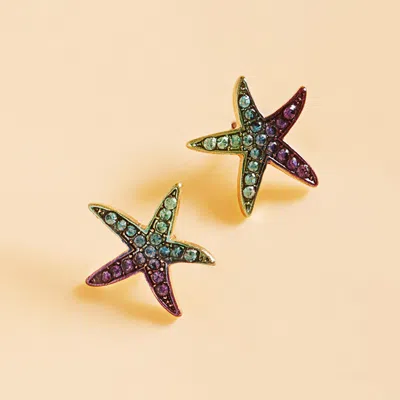 Fashnzfab Ombre Stone Paved Starfish Stud Earrings - Gold, Multi