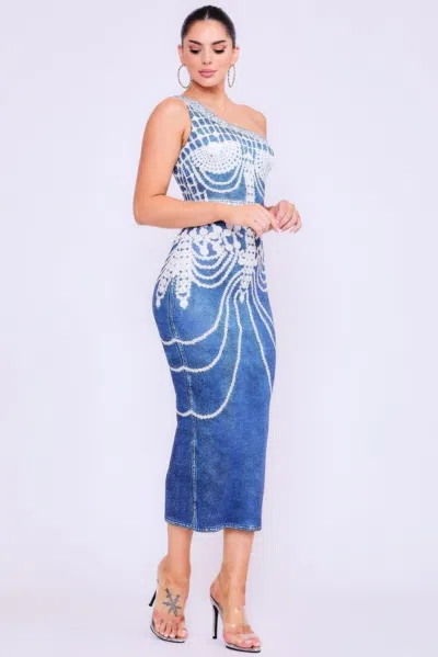 Fashnzfab One Shoulder Denim Print Dress In Multi
