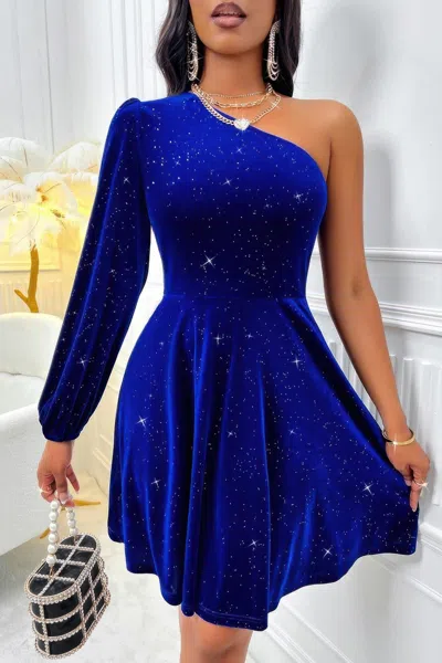 Fashnzfab One Shoulder Velvet Lantern Sleeve Cinched Dress In Blue