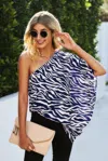 Fashnzfab One Shoulder Zebra Print Loose Top