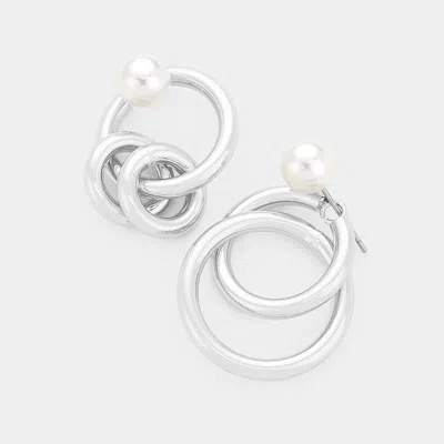 Fashnzfab Open Circle Link Pearl Earrings N - Cream, Rhodium In Metallic