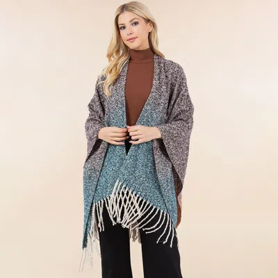 Fashnzfab Open Front Fringe Trim Ombre Ruana Poncho In Green